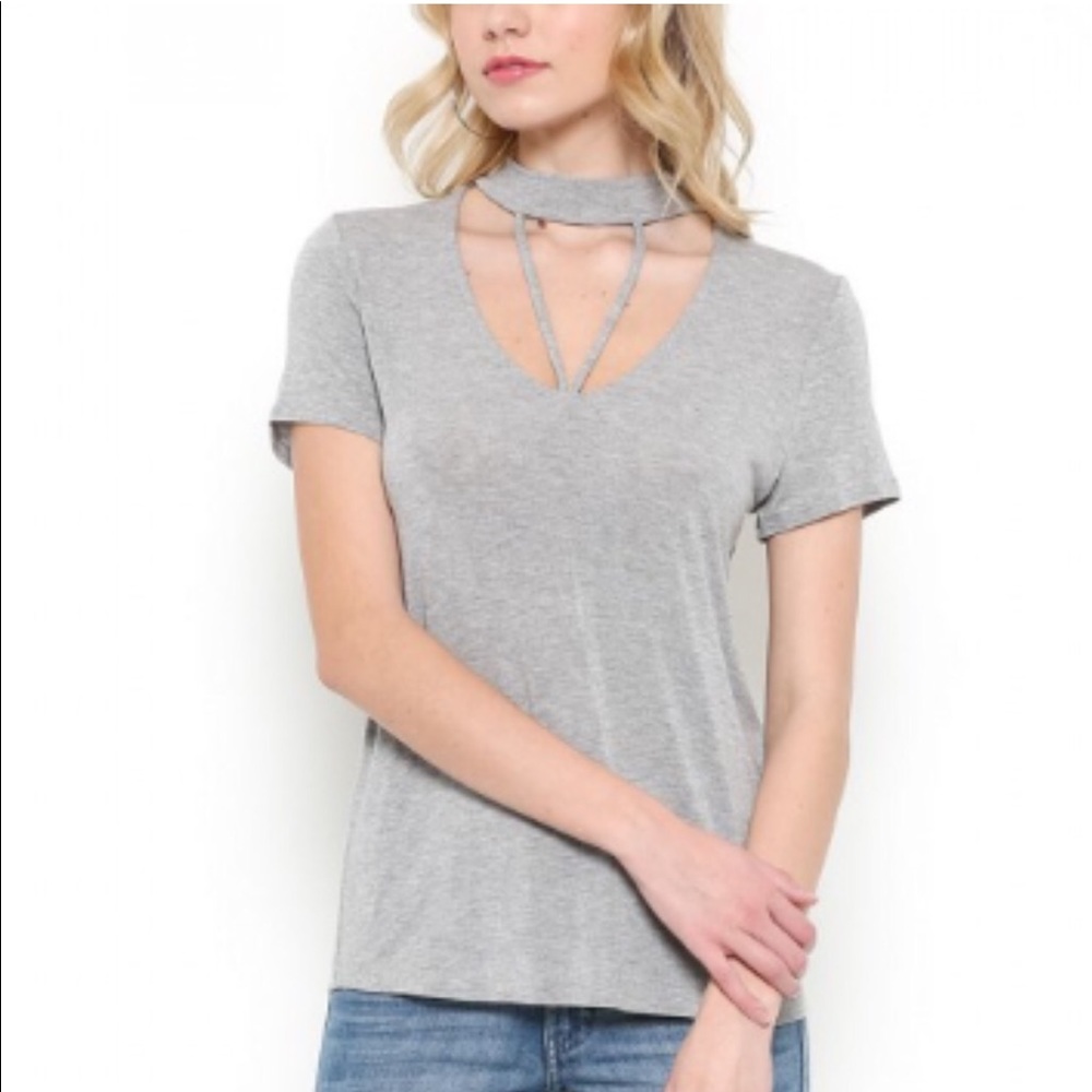 Basic Gray Top V Neck Choker Style