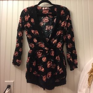 Black and pink floral romper with lace