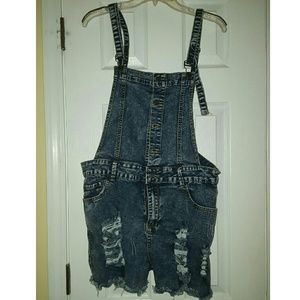 *PLUS* Blue Jean Distressed Overall Shorts
