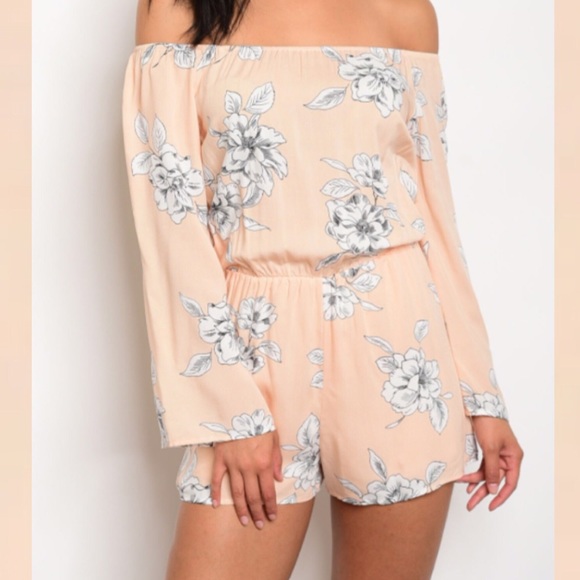 Pants - S-L Peach Floral off Shoulder romper