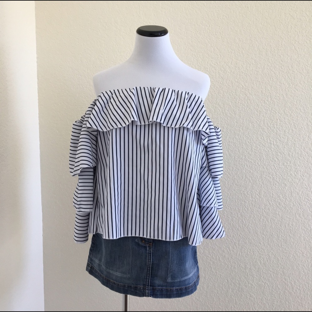 Black Striped Ruffle Off Shoulder Bell Sleeves Top - Picture 2 of 7