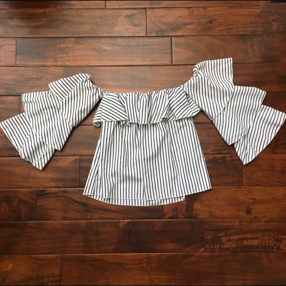 Black Striped Ruffle Off Shoulder Bell Sleeves Top - Picture 5 of 7