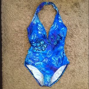 Flower print blue speedo one piece bathing suit 10