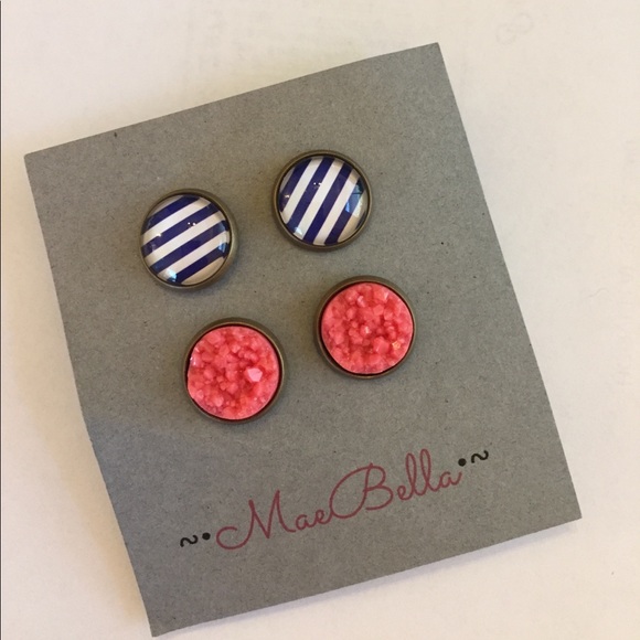 Jewelry - Navy Stripe and pink preppy earrings set