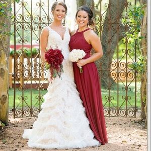 Formal floor length bridesmaids dress in maroon.