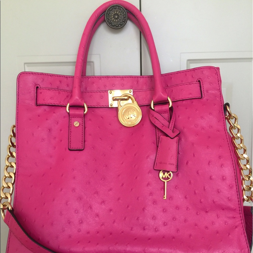 Michael Kors Hamilton Ostrich Leather Tote Pink