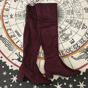 Burgundy thigh-high suede boots