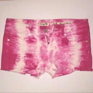 Pink and white tie die denim shorts