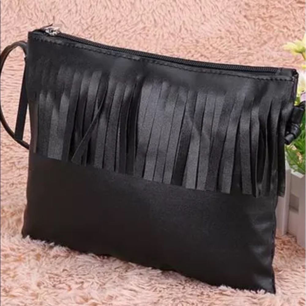 Black vegan leather fringe Crossbody purse NEW