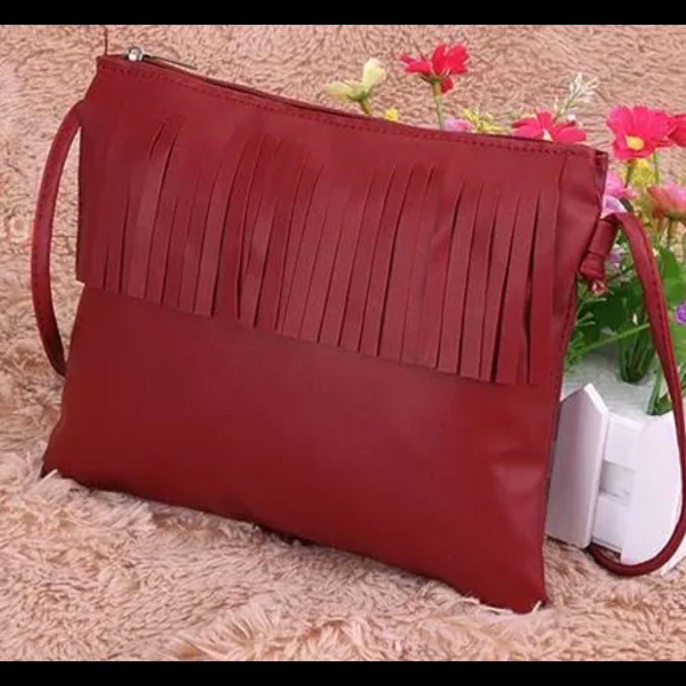 Red vegan leather fringe Crossbody Handbag NEW