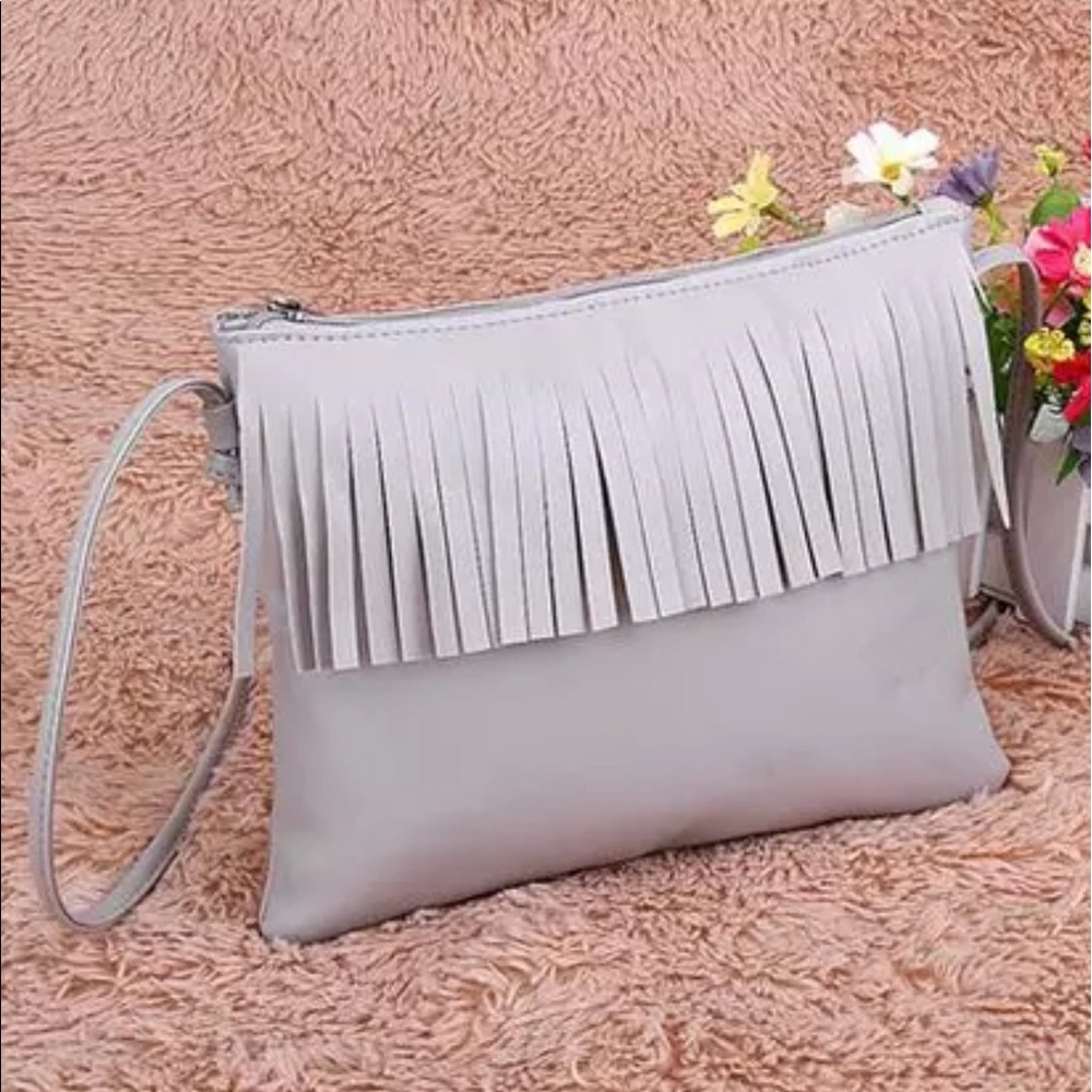 Gray vegan leather fringe Crossbody Handbag NEW