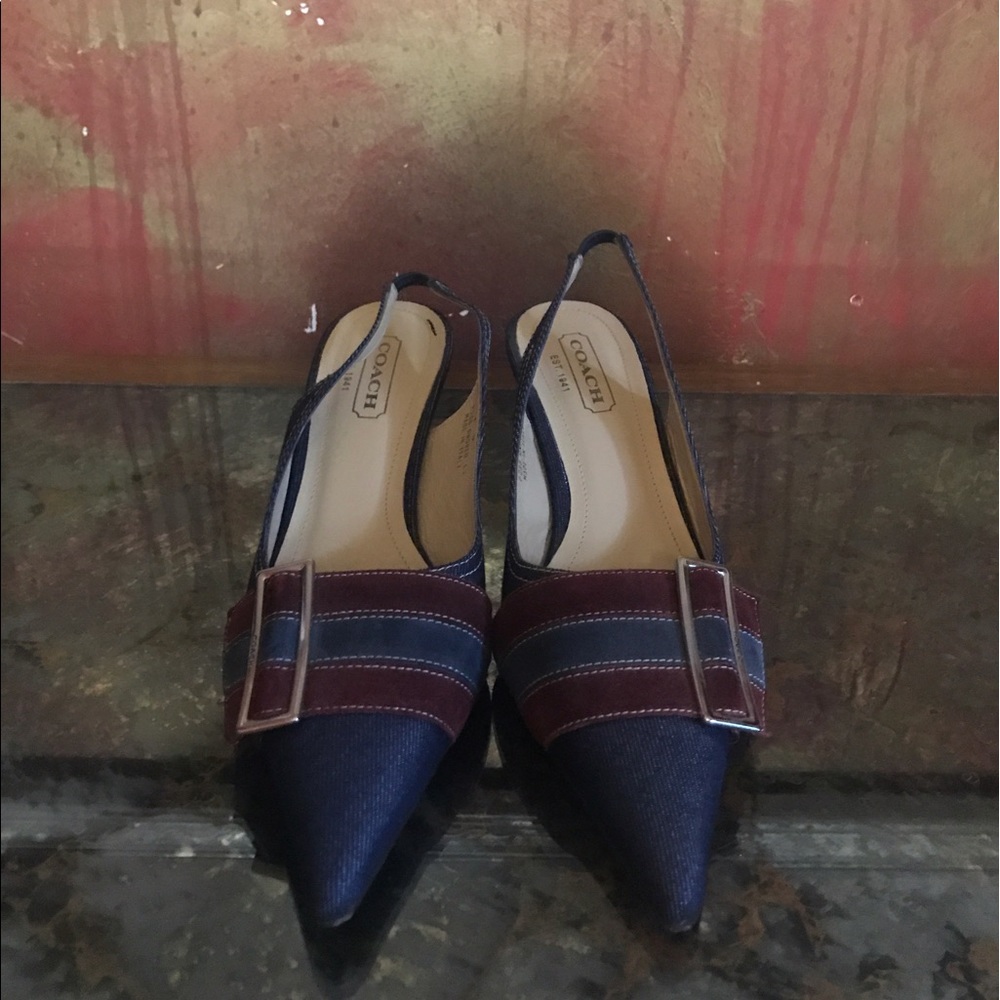 Denim Coach kitten heels