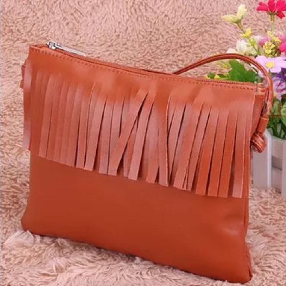 Brown vegan leather fringe Crossbody Handbag NEW