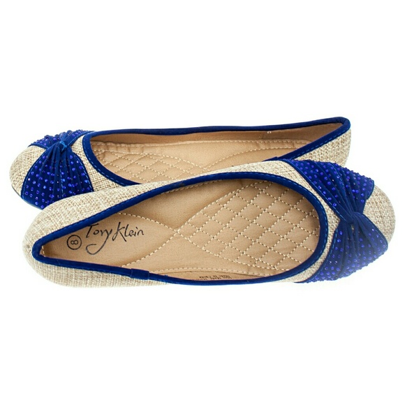 Women 'Curtsy' Fabric Flats, b-1406, Beige Blue - Picture 2 of 4