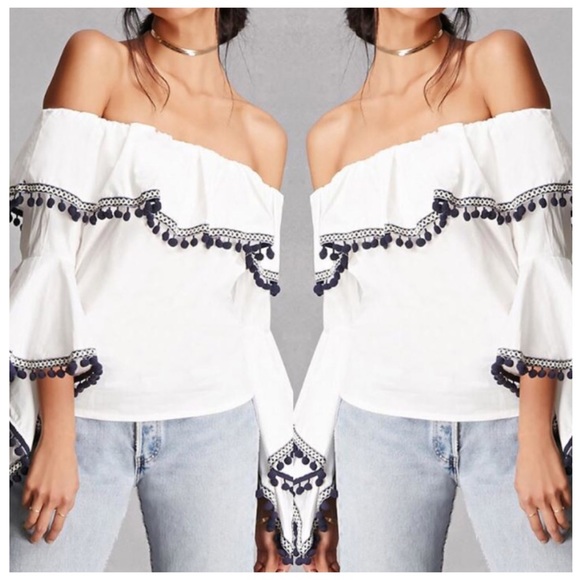 White Dramatic Flare Sleeve Fringe Top - Picture 3 of 3