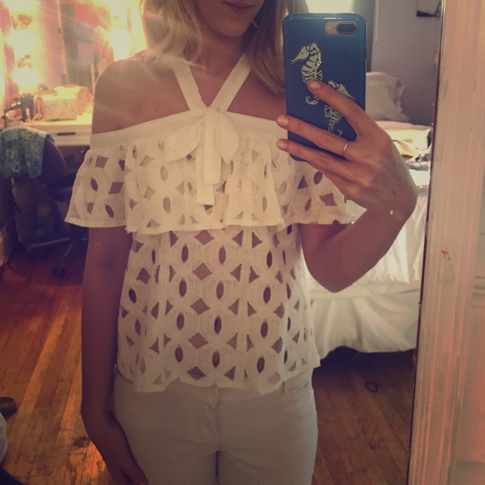 White lace cold shoulder blouse