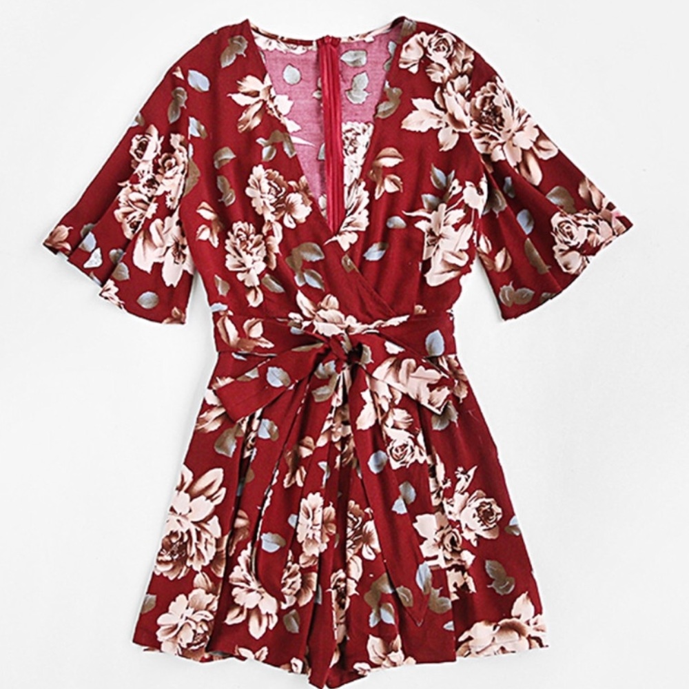 Wine Red Floral Shorts Romper Jumper Tie Jumpsuit - Picture 4 of 8