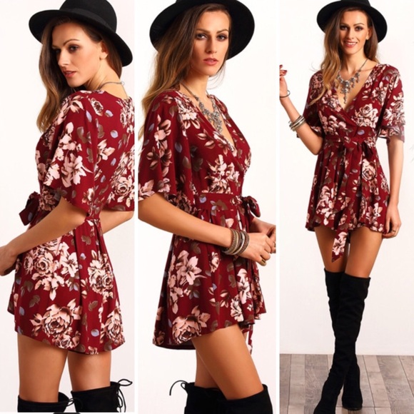 Wine Red Floral Shorts Romper Jumper Tie Jumpsuit - Picture 2 of 8