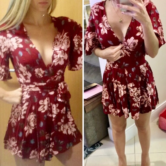 Wine Red Floral Shorts Romper Jumper Tie Jumpsuit - Picture 3 of 8