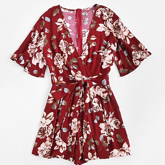 Wine Red Floral Shorts Romper Jumper Tie Jumpsuit - Picture 4 of 8