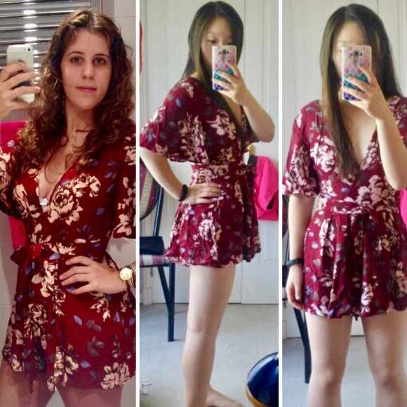 Wine Red Floral Shorts Romper Jumper Tie Jumpsuit - Picture 5 of 8