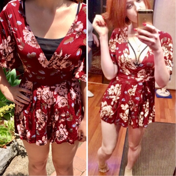 Wine Red Floral Shorts Romper Jumper Tie Jumpsuit - Picture 6 of 8