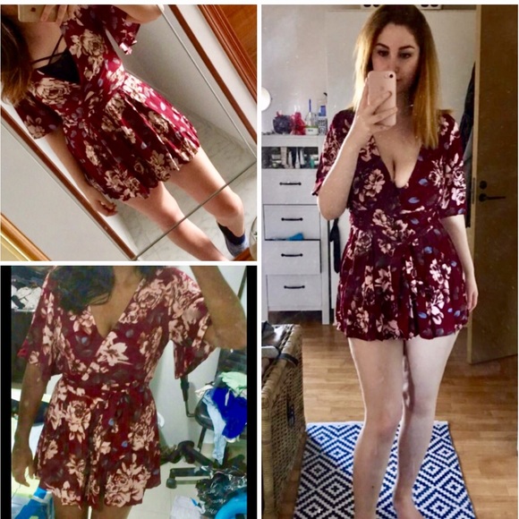 Wine Red Floral Shorts Romper Jumper Tie Jumpsuit - Picture 7 of 8