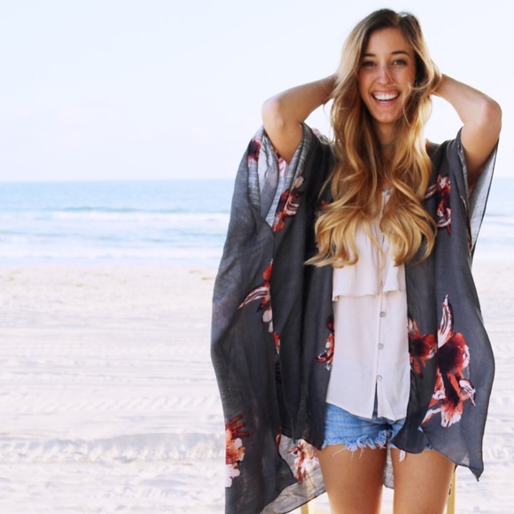 Tops - grey floral kimono