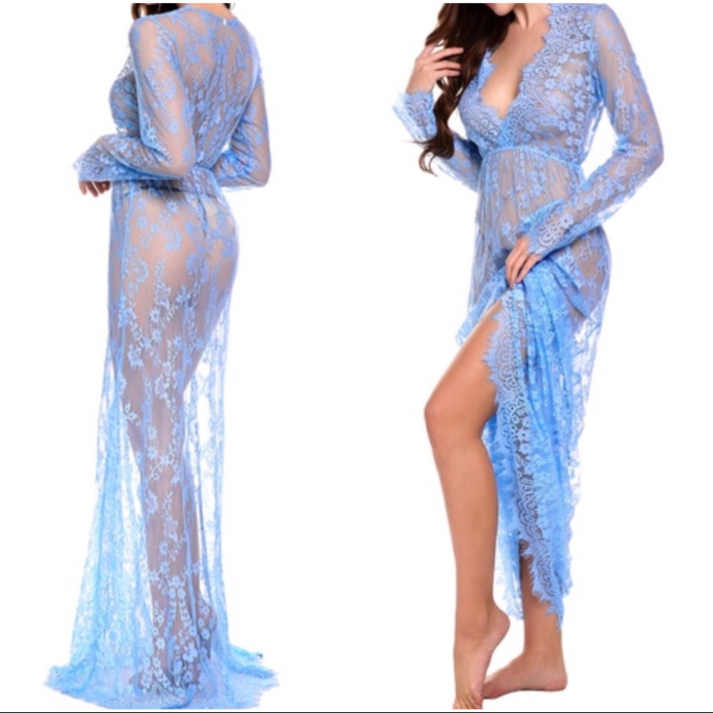 💋💙Blue lace maxi dress lingerie