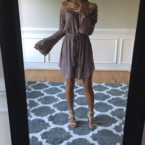 Taupe tan off the shoulder lace sleeve dress