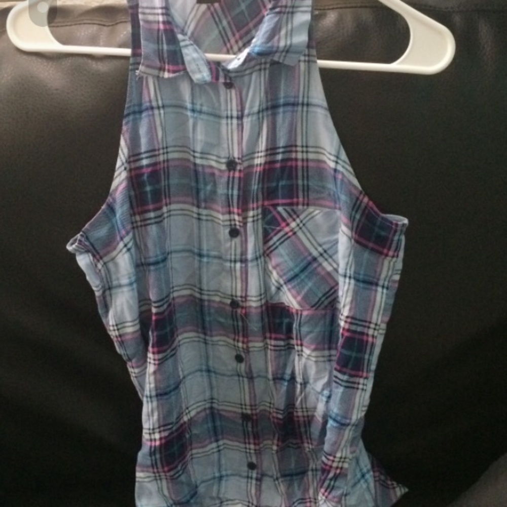 Gray pink white collared button up vest