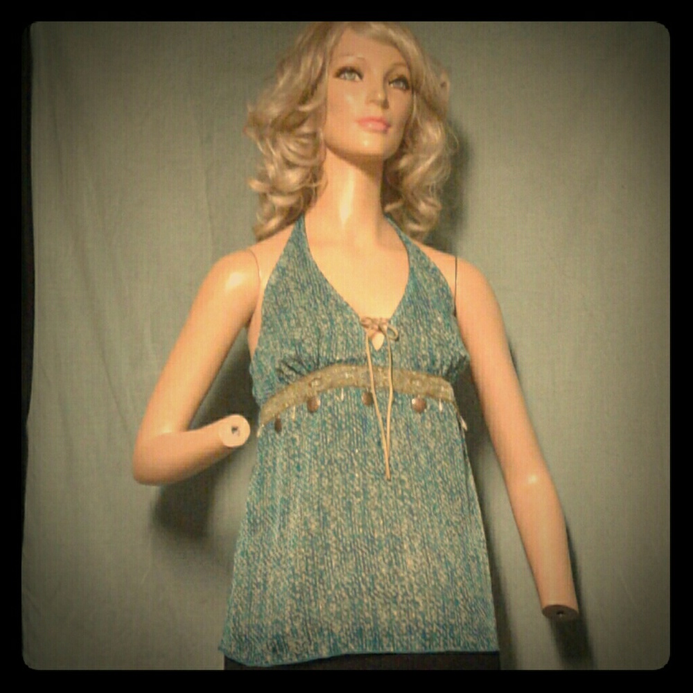 Blue and Green Boho Halter Festival Top