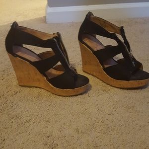 New York and company black zip front cork wedges