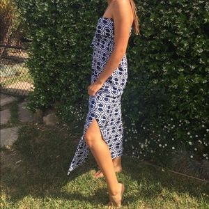 Navy and white strapless cotton dress