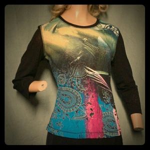 Abstract Boho Print 3/4 Sleeve Sheer Top