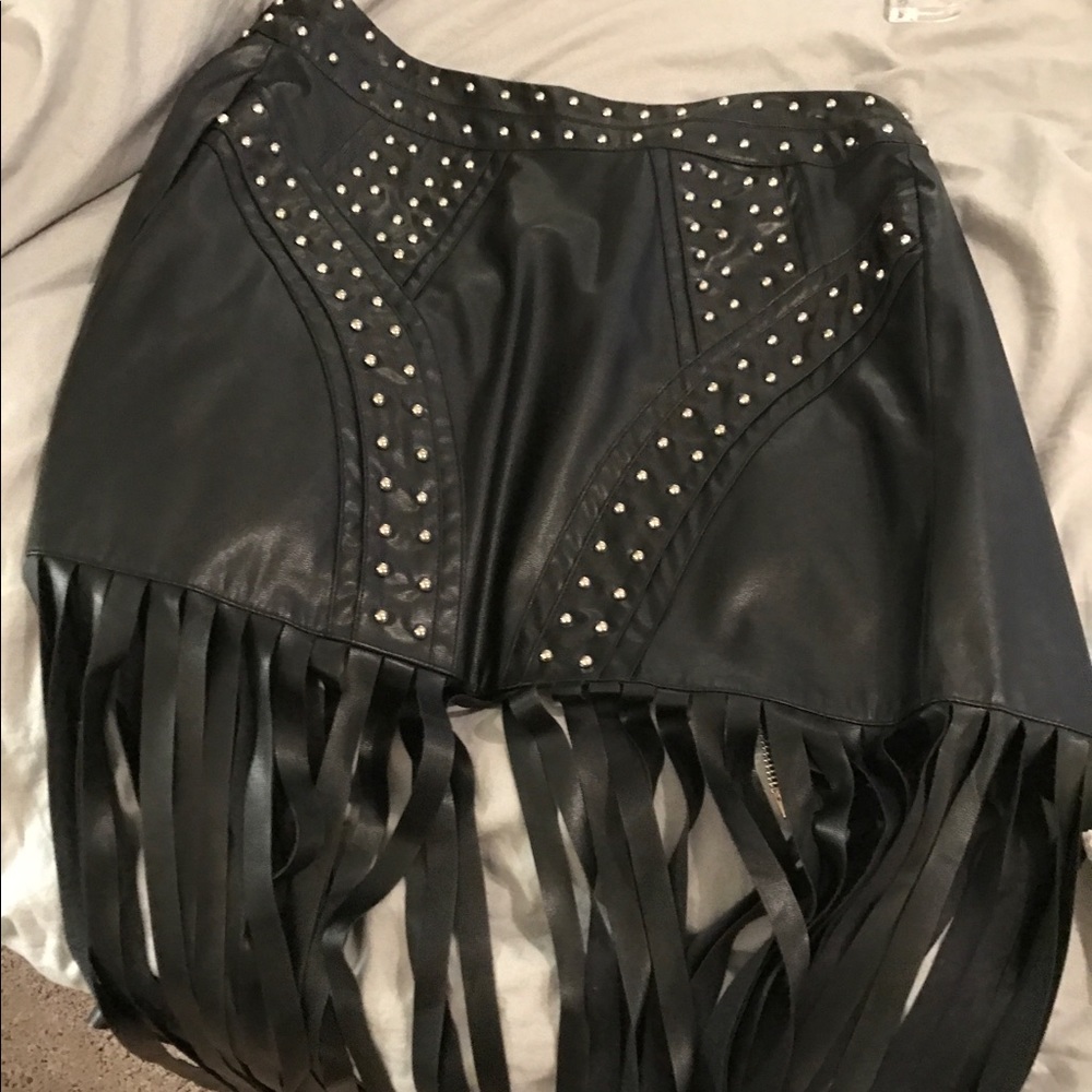 Leather studded skirt with fringe