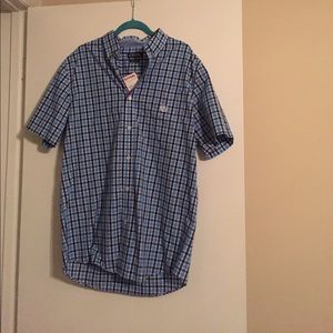 Men's blue checkered short sleeve button down