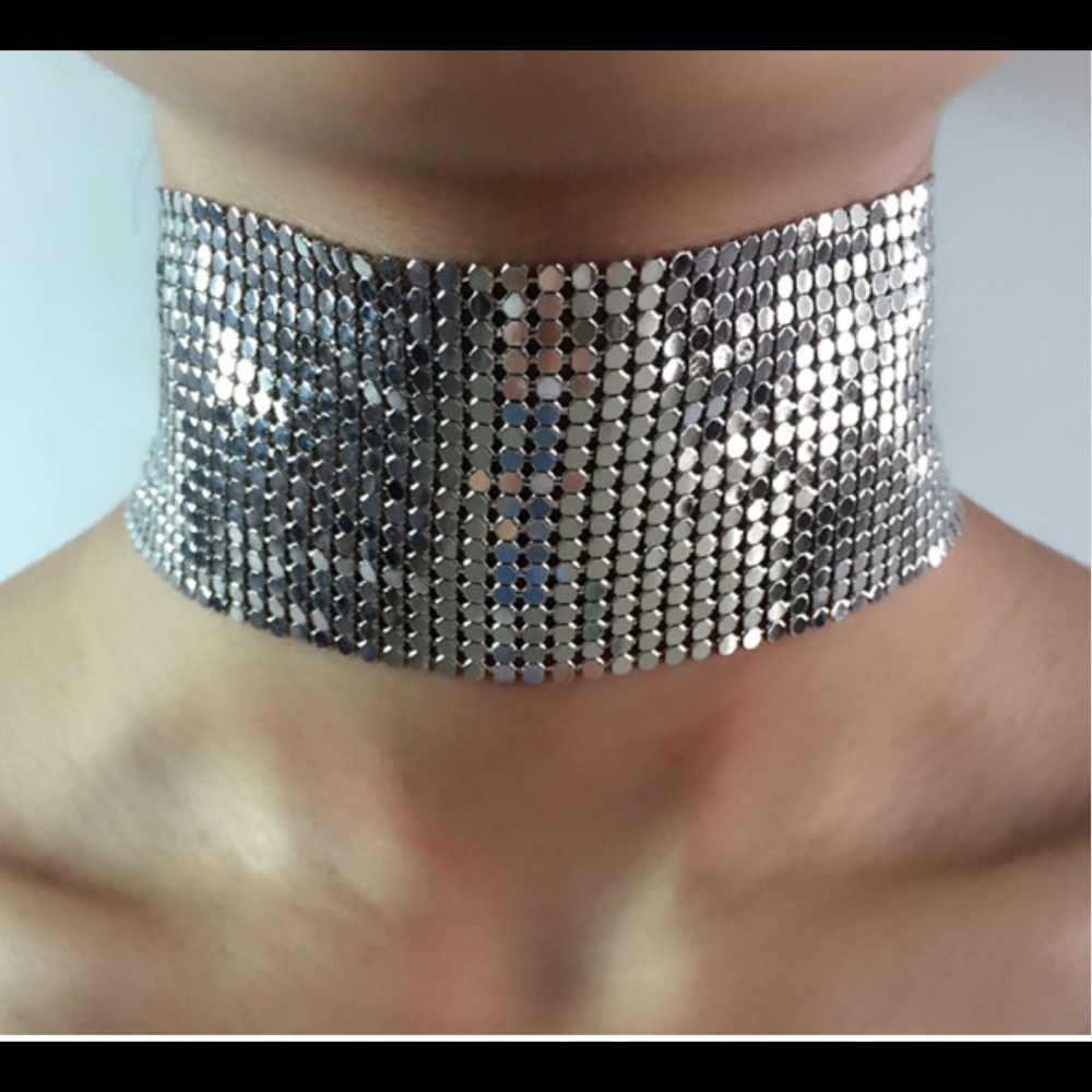 Silver metallic mesh choker