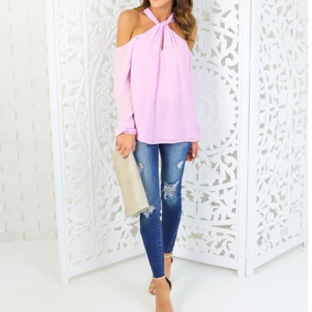 🦋 Pink Sheer Cold Shoulder Top Size small - Picture 2 of 6