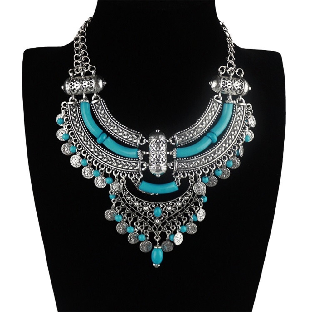 TURQUOISE GYPSY COIN STATEMENT NECKLACE - Picture 2 of 4