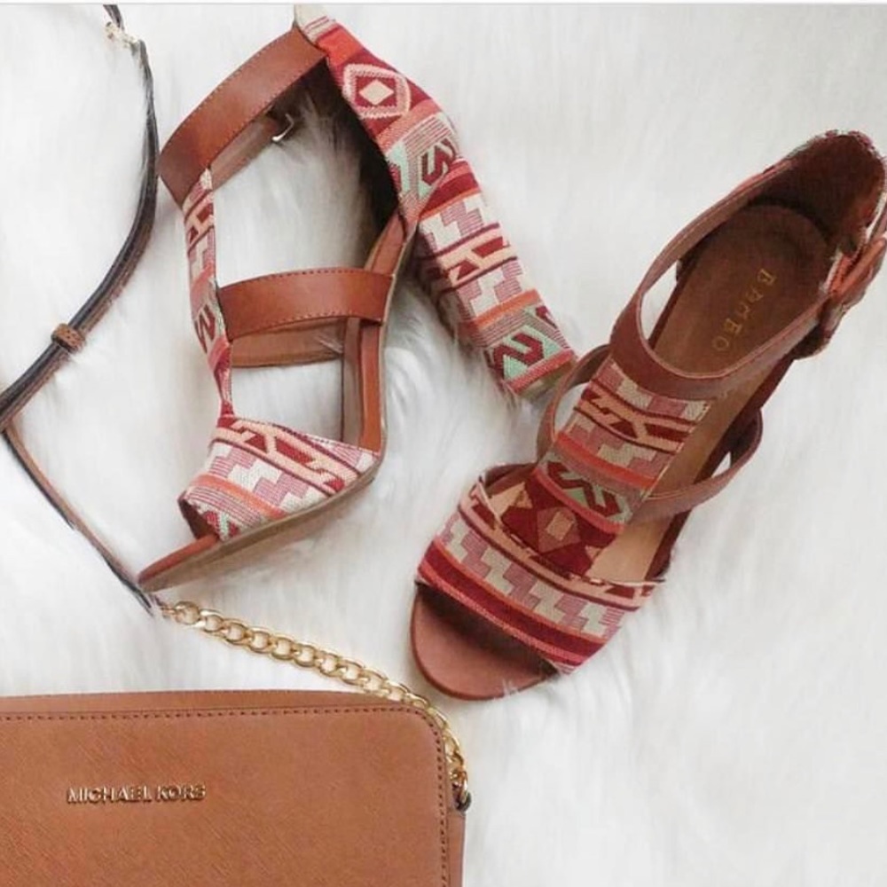 Tan Tribal Print Caged Chunky Heel - Picture 5 of 6