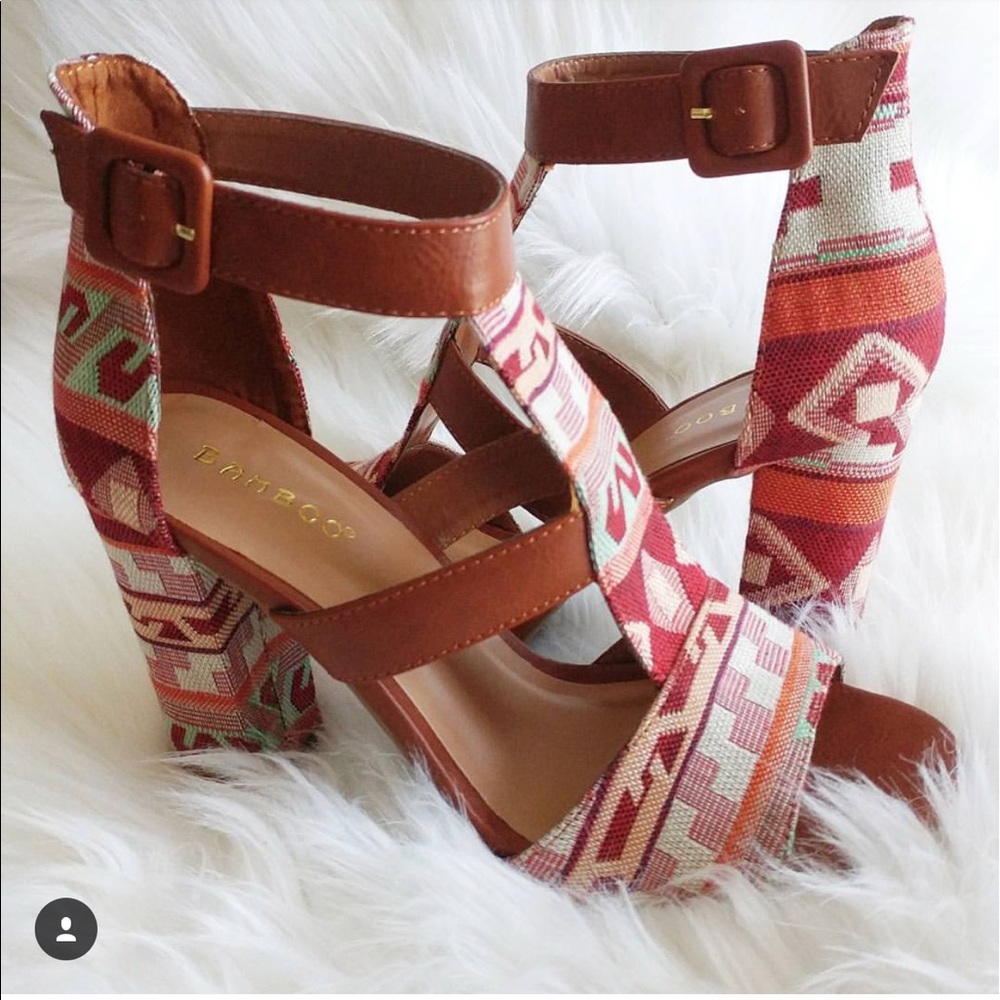 Tan Tribal Print Caged Chunky Heel - Picture 6 of 6