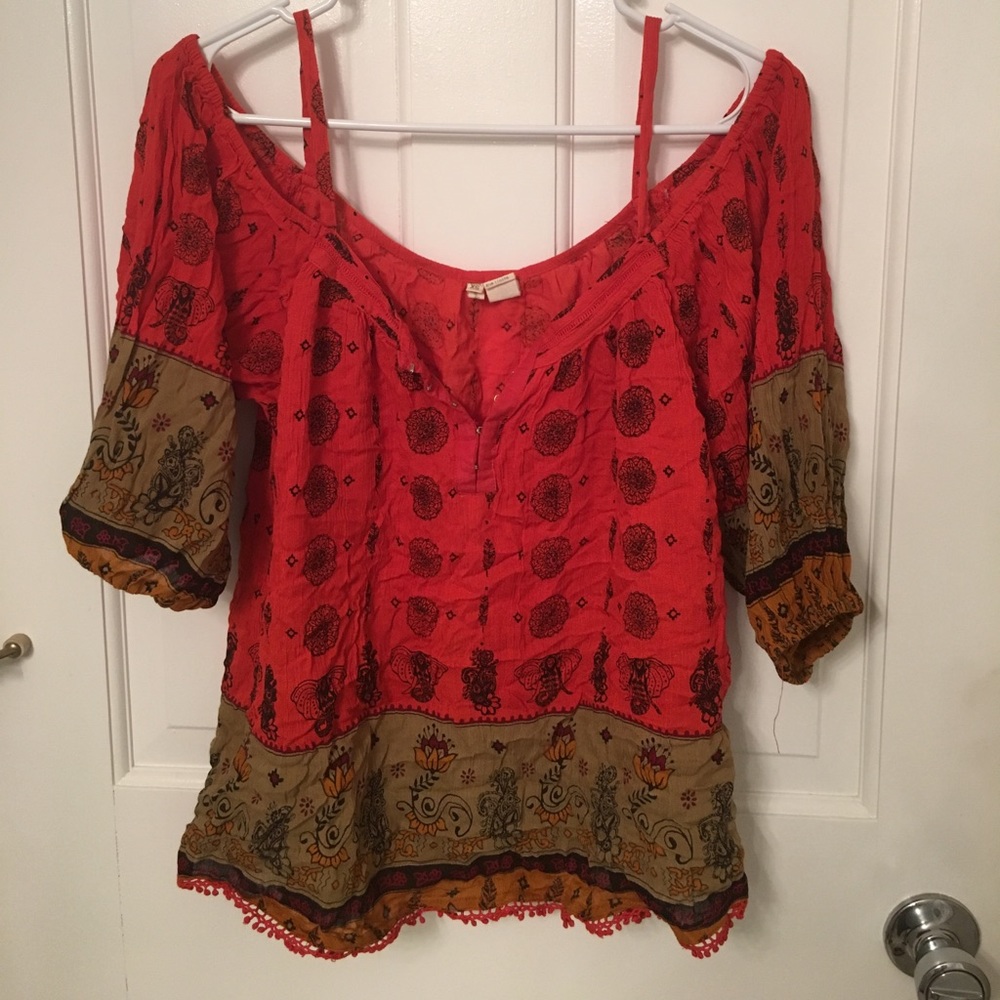 Boho elephant feather cold shoulder top