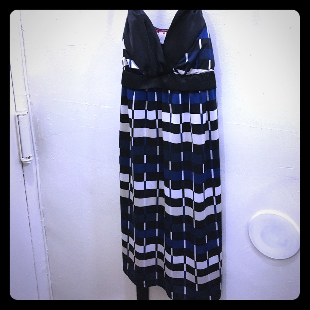 Blue black and white printed mini dress