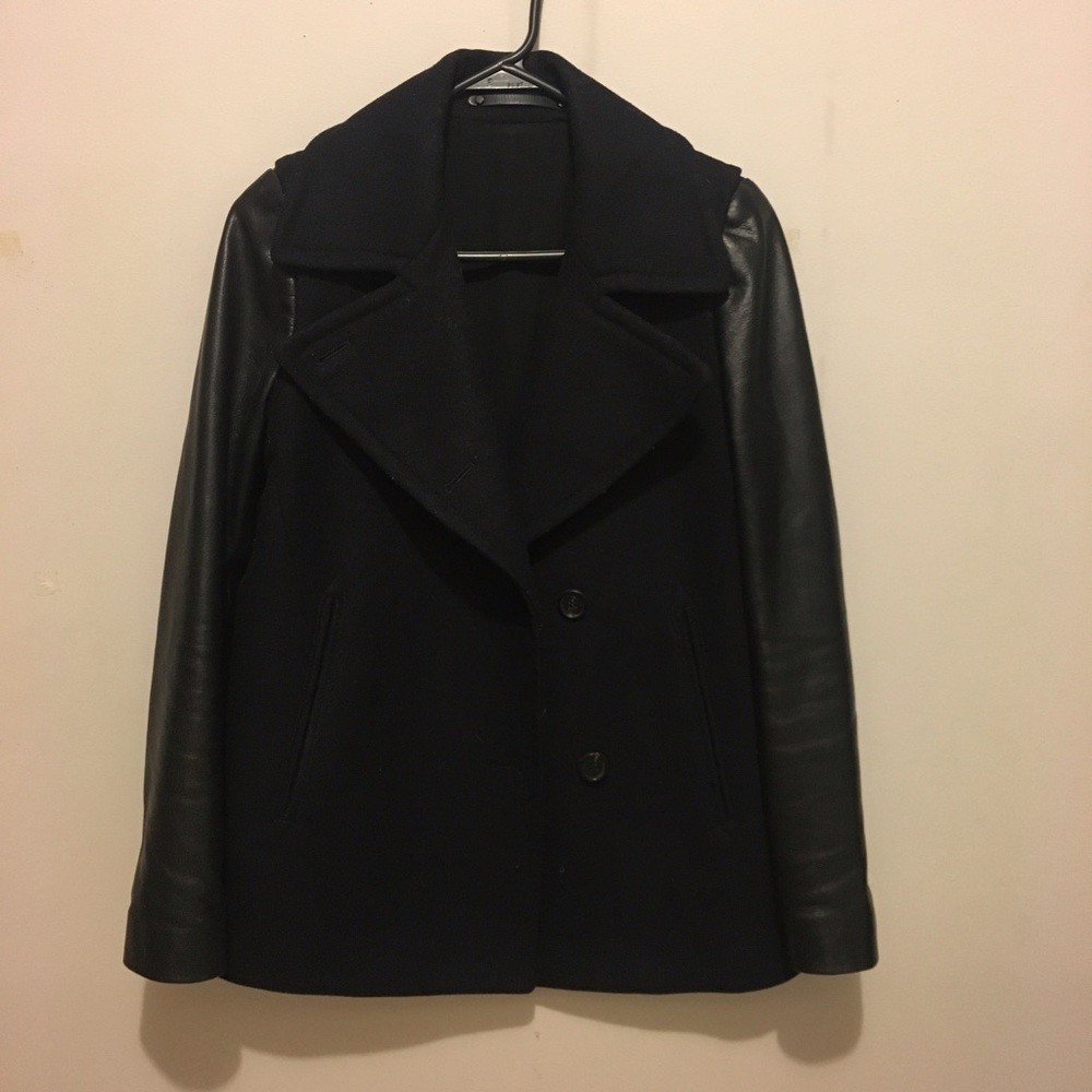 All Saints Navy Coat with Leather Sleeves