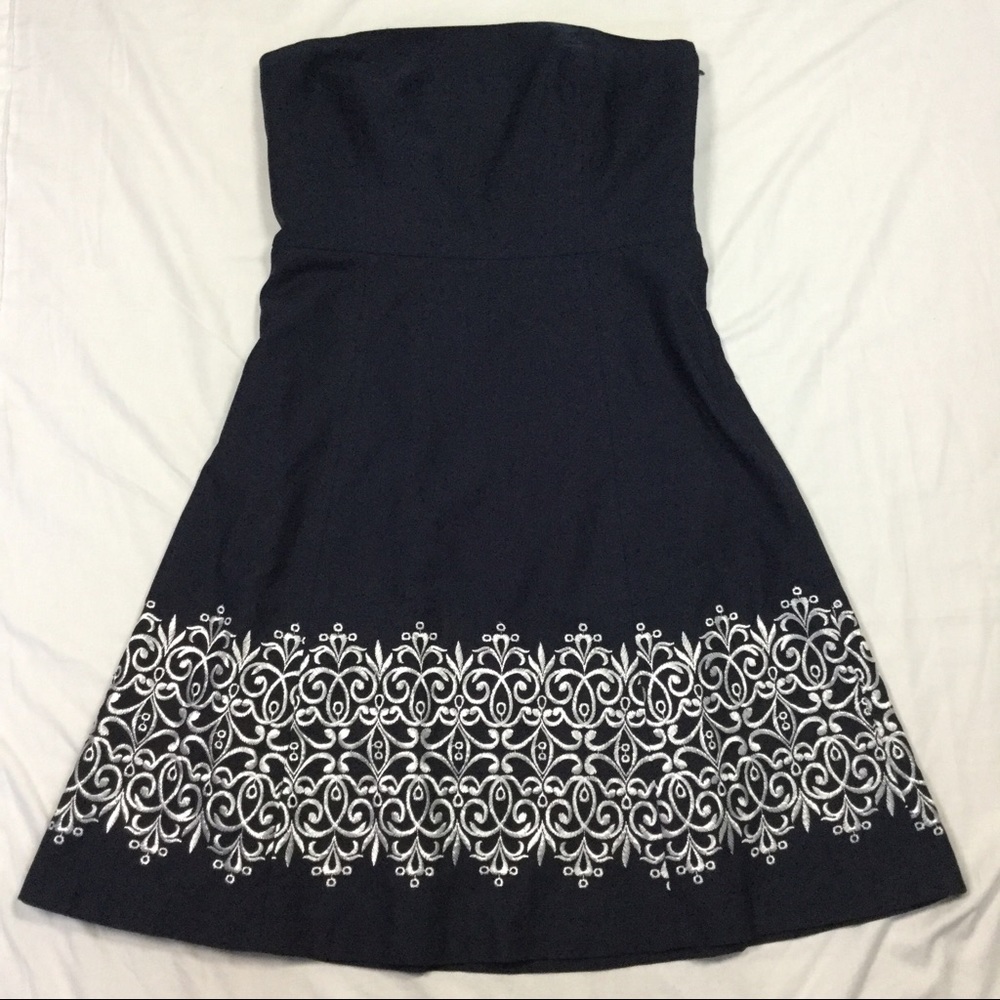 Navy Blue Strapless Dress, Silver Stitching