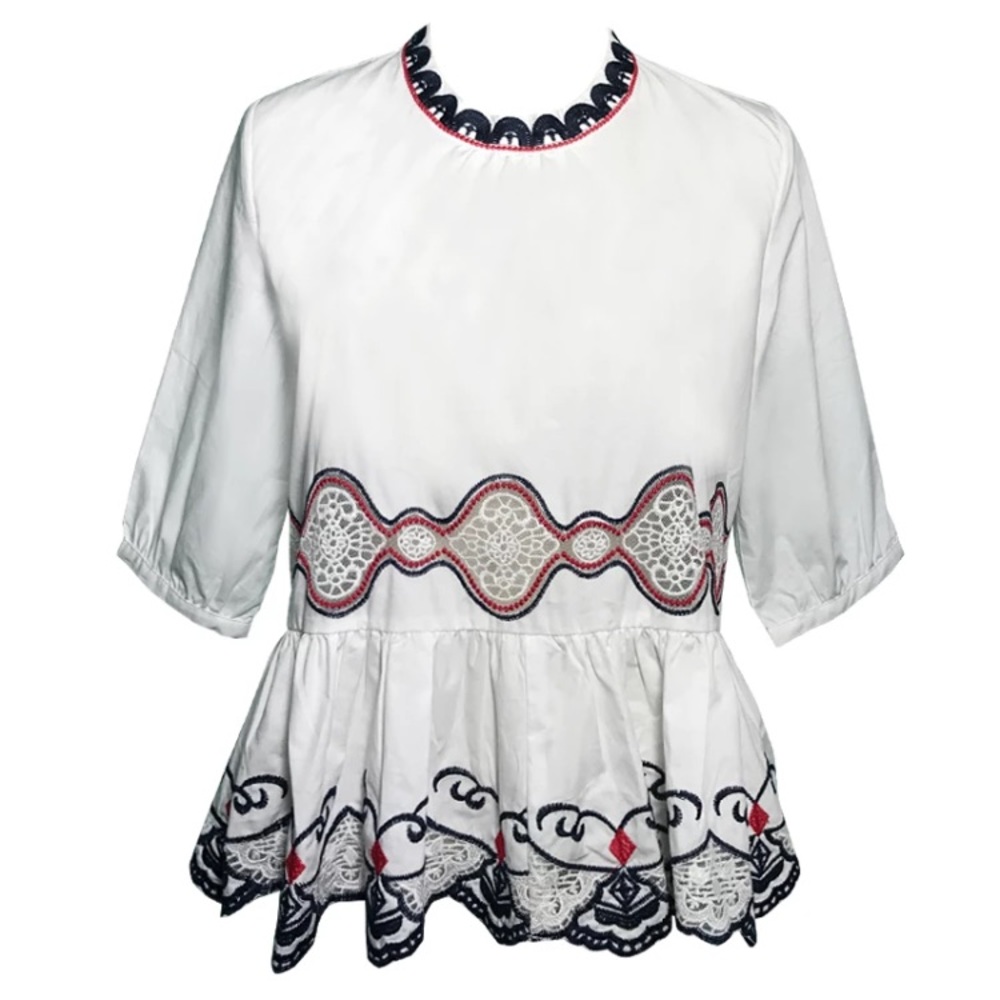 Short Sleeve Embroidered Trim White Top Size S