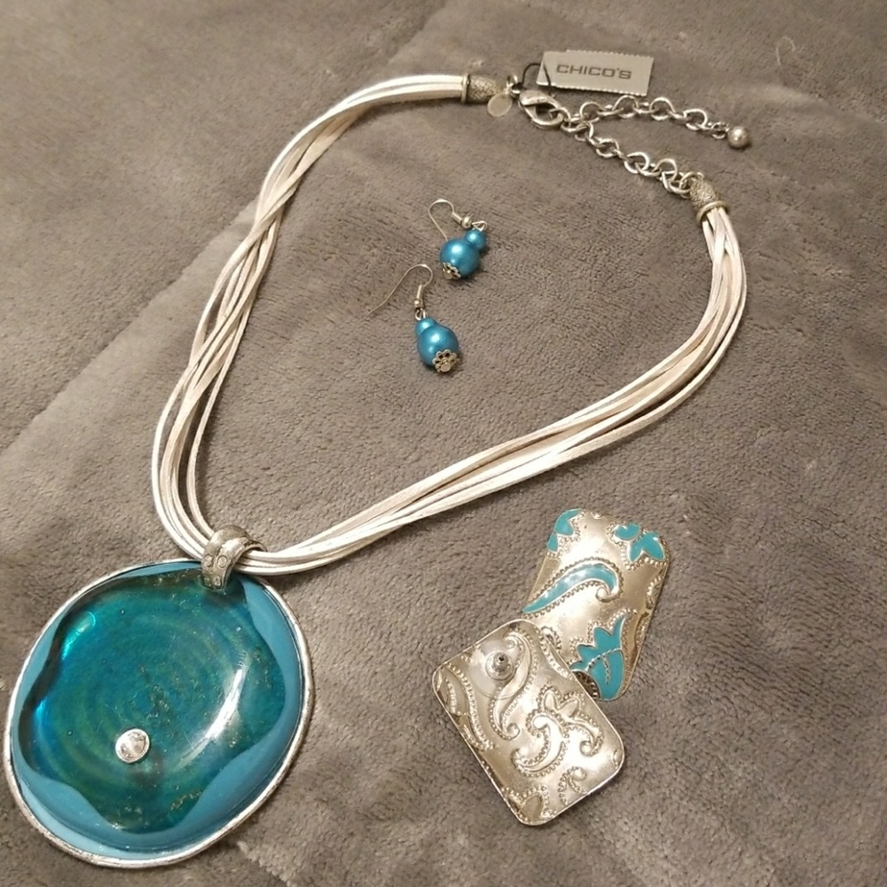 Teal necklace and two earrings