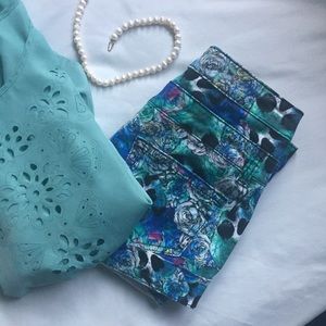 Blue & Green Patterned High Waisted Shorts