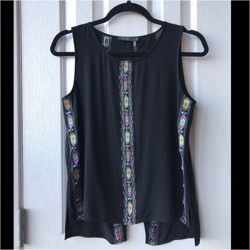 Black Tribal Stitched Tank with Split Back